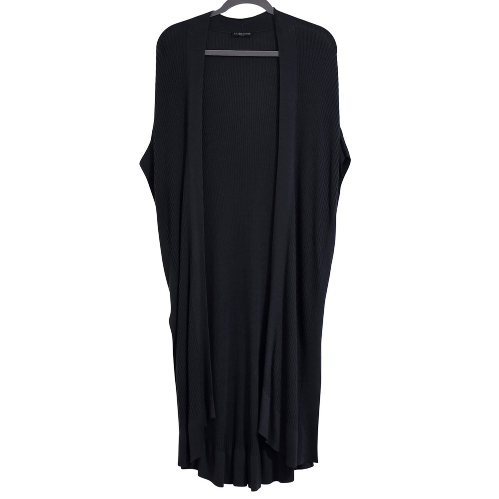 Eileen Fisher Woman Ribbed Longline Cardigan Vest Charcoal Grey Tencel